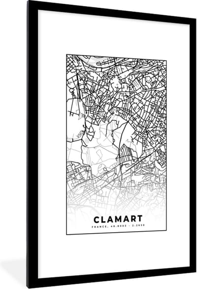Fotolijst incl. Poster Zwart Wit- Frankrijk - Clamart - Plattegrond - Stadskaart - Kaart - Zwart wit - 80x120 cm - Posterlijst