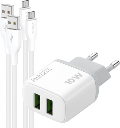 Phreeze usb oplader 12 W - Dubbele usb poorten - Power adapter 2.4 A met 2 usb A naar micro usb kabels 1 m - Voor speaker en headset