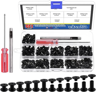 Chicago Screws Set voor Leerbewerking - M5 x 4/5/6/8/10/12 mm, Inclusief Stempel en Schroevendraaier, Perfect voor Boekbinden en DIY Projecten, 110 Sets