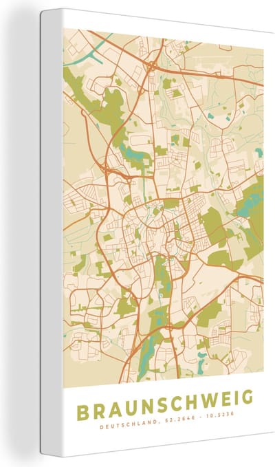 Canvas Schilderij Braunschweig - Plattegrond - Vintage - Kaart - Stadskaart - 20x30 cm - Wanddecoratie