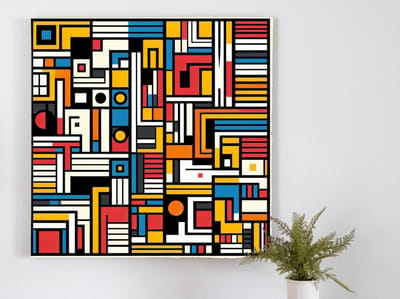 Abstract mondriaan schilderij | Mondriaan's Geometrische Dans: Een Abstracte Symfonie in Kleuren | Kunst - 75x75 centimeter op Forex | Foto op Forex