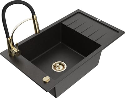 Mexen Elias granieten spoelbak 1-koer met afdruiprek en keukenmengkraan Aster, zwart/goud metallic - 6511-75-73450-57-G