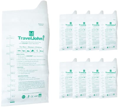 TravelJohn Plaszak - 8 stuks - 800 ml - Lekvrij & Geurloos - Unisex Wegwerp Urinaal - Reis toilet - Noodtoilet - Papier