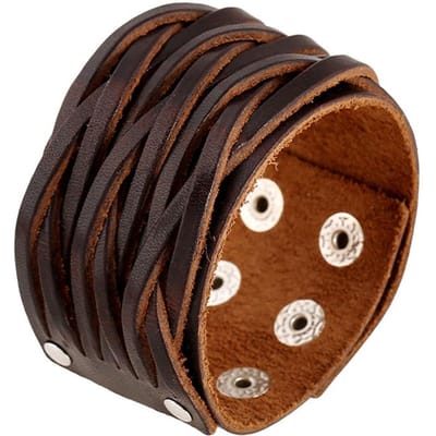 Retro Bruine Dubbele Laag Brede Echte Lederen Armbanden Handgemaakte Kruisgeweven Armbanden Dames Heren Etnische Punk Stijl Sieraden black