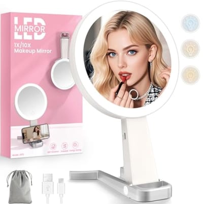Oplaadbare LED Make-up Spiegel - Dubbelzijdig 1x/10x Vergroting, 3 Kleuren Licht, Instelbare Helderheid, USB-C, Opvouwbaar, Roze