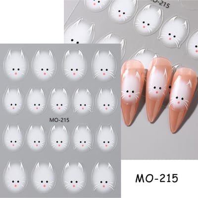 Schattige Witte Kat Nagelstickers Decals 5D Kitten Inkt Bloeiende Bloemen Nail Art Decoratie Kawaii Cartoon Decals Zomer Manicure MO-215 white