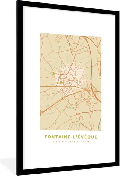 Fotolijst incl. Poster - Plattegrond - Kaart - Vintage - Fontaine-L'Évêque - Stadskaart - 60x90 cm - Posterlijst