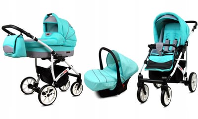 BabyLux® Kinderwagen 3in1 – LARGO - MINT WHITE FRAME - Opklapbare Wandelwagen incl. Reiswieg, Multifunctionele Buggy Sportstoel, Autostoel - Combi-kinderwagen met Luiertas, Regenhoes, Klamboe, Bekerhouder, etc.