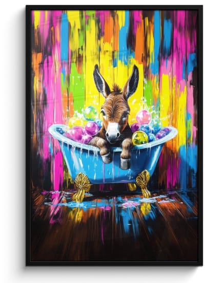 Poster in lijst - Fotolijst 80x120 cm - Posters - Ezel - Badkuip - Roze - Schuim - Posterlijst zwart - Decoratie - Wanddecoratie woonkamer - Muurdecoratie slaapkamer