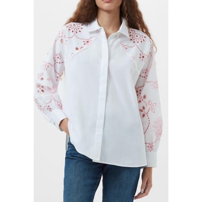 French Connection Cambria Cotton Embroidered Shi Linenwhite/bubblegum Maat: XS | Blouses Outlet | Dames | Wit