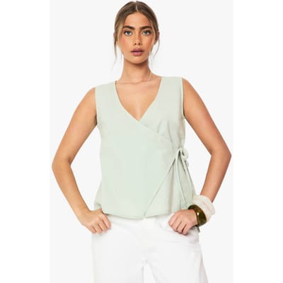 boohoo Dames Linnen Wrap Top Voorkant | Sage | Maat: 6