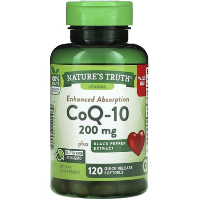 Nature's Truth, CoQ-10 plus zwarte peperextract, verbeterde opname, 200 mg, 120 softgels met onmiddellijke afgifte