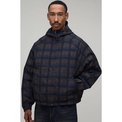 Oversized Boxy Fit Omkeerbare Geruit Twill Cagoule Met Capuchon | Navy | Size XS