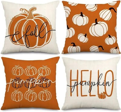 Halloween - Halloween Decoratie - Kussenslopen - Halloween Decoratie Pompoen - Sierkussenhoes - Herfstthema - Herfst Oranje en Witte Decoratieve Kussenhoes - Perfect voor Thanksgiving - Oogst - Boerderij - Huis - Bank - Auto Decoratie - Set van 4