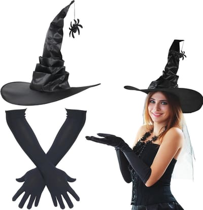 Heksenhoed en Lange Handschoenen Set voor Halloween – Opvouwbare Satijnen Hoed met Glinsterende Spin en Stretchhandschoenen