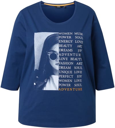 Ulla Popken - Dames - Shirt foto-/tekstmotief A-lijn ronde hals 3/4-mouw - Donkerblauw - Maat 50+