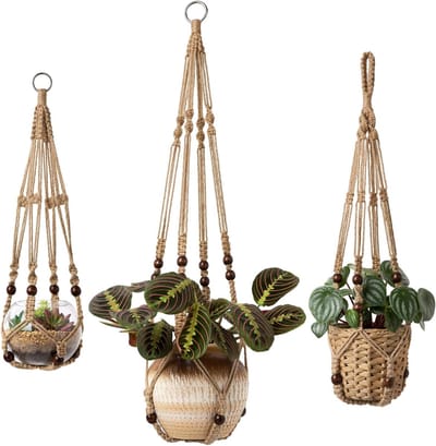 Famanu - Set van 3 macramé plantenhangers van jute, handgemaakte hangende bloempothouder met parels, zonder kwasten, 58 / 73 / 89 cm