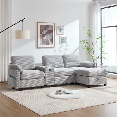 HAUSS SPOLE Sofa - Comfort Bank - Grote Bank - Verplaatsbare Middenconsole Met 2 Cuphouders & USB-C - 266x136x82 cm - Voor Woonkamer - Ribfluweel Lichtgrijs