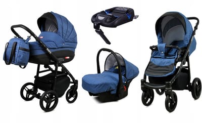 BabyLux® Kinderwagen 4in1 - AXEL - JEANS BLACK FRAME - Opklapbare Wandelwagen incl. Reiswieg, Multifunctionele Buggy Sportstoel, Autostoel, ISOFIX basisstation - Combi-kinderwagen met Luiertas, Regenhoes, Klamboe