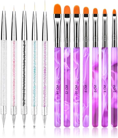 Set van 12 Professionele Nail Art Pens en Dotting Tools voor Acryl en Gel Nagels, Inclusief Dubbelzijdige Pens en Liner Brushes