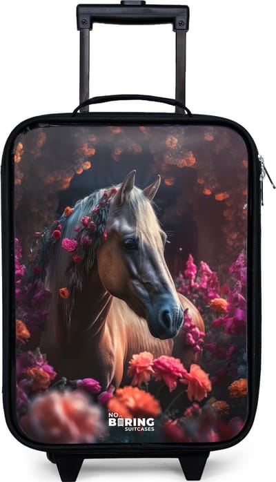 NoBoringSuitcases.com® - Kinderkoffer jongen - Kindertrolley meisje - Goudbruin paard tussen de bloemen - Koffer kind lichtgewicht - Reiskoffer trolley voor kinderen - Koffertje met lichtgevende wieltjes - Rolkoffer zwart