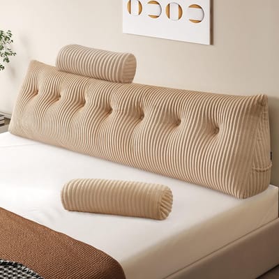 Boekenkussen, wigvormig kussen, leeskussen voor bed en bank, gezellig rugkussen, praktisch zijvak, verwijderbare hoes, met rond hoofdkussen (beige, 200 x 50 x 20 cm)