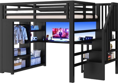 Metalen hoogslaper 140x200 cm - Zwarte metalen hoogslaper - Bureau, ledverlichting en usb - Open kledingrek - Trap met opbergruimte