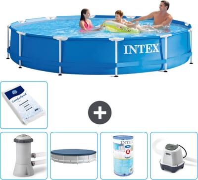 Intex Rond Frame Zwembad - 366 x 76 cm - Blauw - Inclusief Pomp - Afdekzeil - Filter - Zoutwatersysteem - Zwembadzout - 6-delig