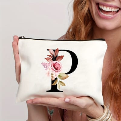 Gepersonaliseerde make-up tasjes van A tot Z - Verjaardagscadeaus - Unieke cadeaus voor bruiden en bruidsmeisjes, met bloemenmotieven, geschikt als bedankjes en voor het organiseren van cosmetica,letter P