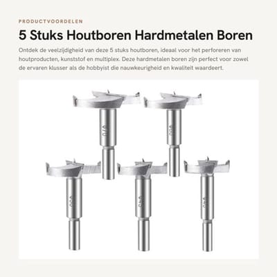 5 Stuks Houtboren - Hardmetalen Boren - Veilig en Nauwkeurig - 40/45/50/60/70 mm - Voor Perforeren van Hout en Kunststof - Ideaal voor Kl...