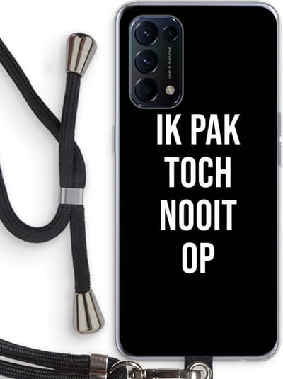 Case Company® - Hoesje met koord geschikt voor Oppo Find X3 Lite hoesje met Koord - Ik pak nooit op - Zwart - Telefoonhoesje met Zwart Koord - Bescherming aan alle Kanten en Over de Schermrand