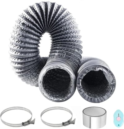 100mm lengte 6m PVC Flexibele Aluminium Pijpslang Aluminium Aluflex Slang met 2 RVS Slangklemmen en Aluminiumfolie Tape voor Airconditioners Wasdroger Afzuigkap (Grijs)