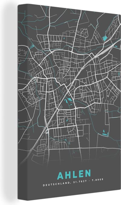 Canvas Schilderij Blauw – Duitsland – Plattegrond – Stadskaart – Kaart – Ahlen - 20x30 cm - Wanddecoratie