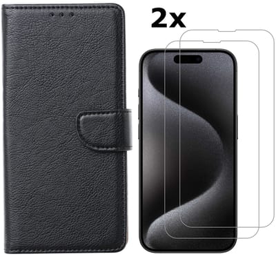 Hoesje Geschikt voor iPhone 15 Pro Max hoesje bookcase met 2x screenprotector – Zwart