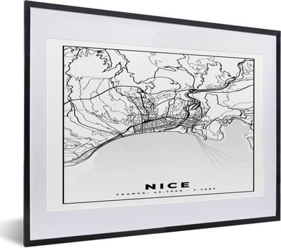 Fotolijst incl. Poster Zwart Wit- Kaart - Nice - Plattegrond - Frankrijk - Stadskaart - Zwart wit - 40x30 cm - Posterlijst