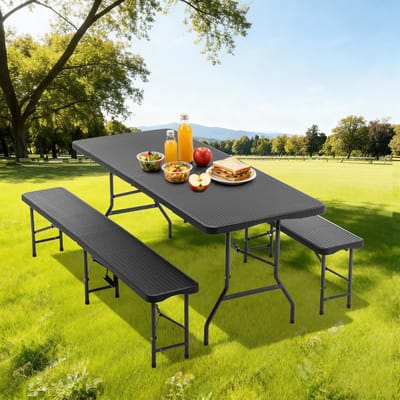 Picknicktafel — Opvouwbare tuintafel met twee bankjes — 3-delige campingset — HDPE-tafelblad met houtnerfstructuur — Weerbestendig & UV-bestendig — Zwart