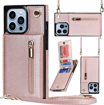 Geschikt Voor iPhone 14 Pro Hoesje Met Koord - Solidenz Portemonnee Hoes - Telefoonhoesje Met Koord 14 Pro - Wallet Case - Cover Hoes Met Koordje - Backcover Met Koord 14 Pro - Rosegoud