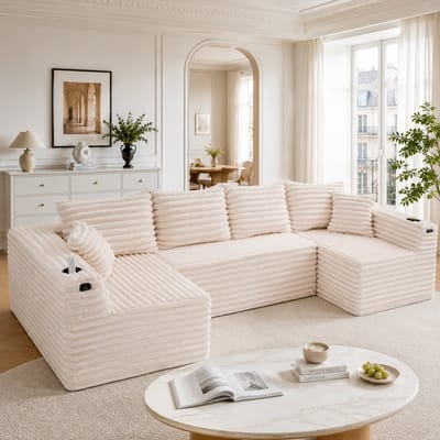 Moderne Hoekbank, U-Bank, 4-Zitsbank, U-vormige Corduroy Bank met Bekerhouders en Zijvakken, Verende Vulling, 4 Rugkussens en 2 Sierkussens, Ergonomisch Ontworpen voor Comfortabel Langdurig Zitten-Beige