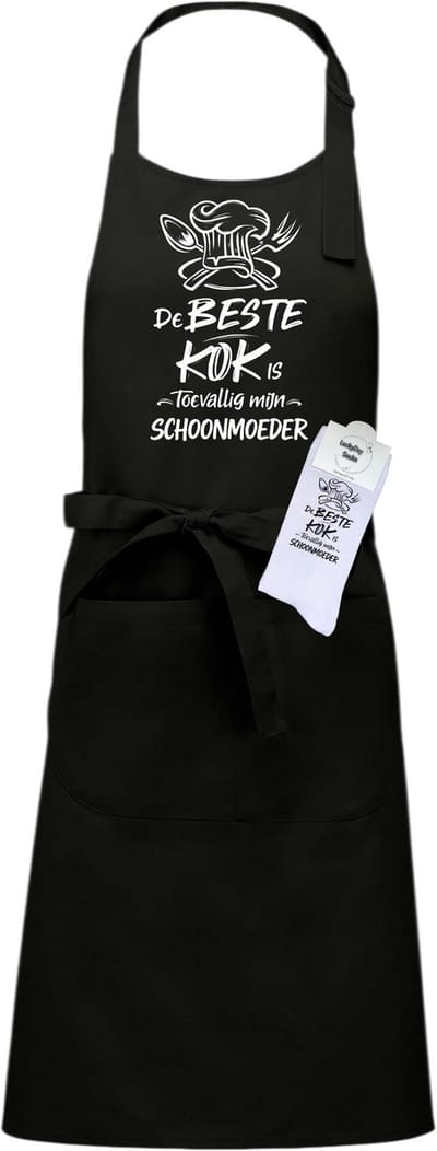 Keukenschort en sokken met tekst - Giftset - De beste kok is toevallig mijn Schoonmoeder - Moederdag - Vaderdag - Verstelbaar - Cadeau idee - Verjaardag - Cadeau dames en heren - Liefste Opa en Oma cadeau - Kerst cadeau - Grappig cadeau - Onesize