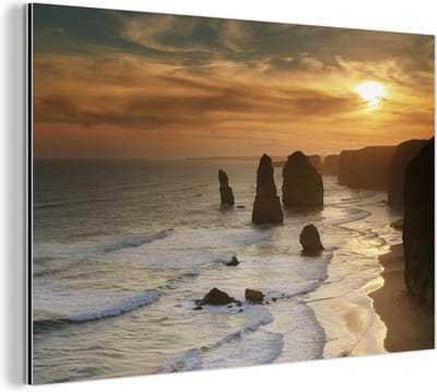 Aluminium schilderij 180x120 cm - Wanddecoratie metaal - Zonsondergang over de Twelve Apostelen - Metalen muurdecoratie woonkamer - Decoratie industrieel - Foto op dibond - Industriële accessoires slaapkamer