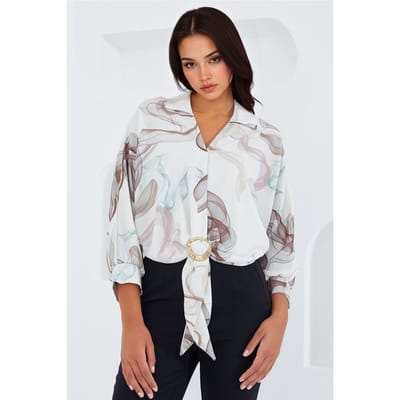 Gedrukte Crop Shirt met Pompom Detail