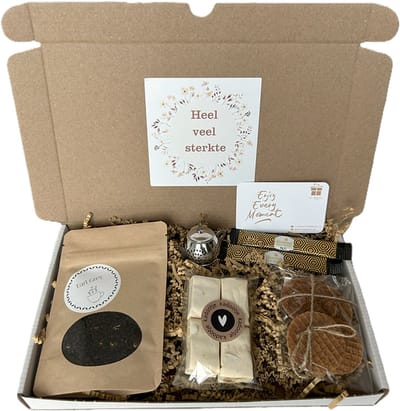 Sterkte thee brievenbus cadeau - theezeefje - nougat - stroopwafels - honing