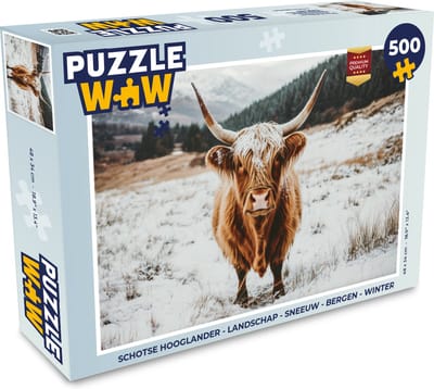 Puzzel Schotse Hooglander - Landschap - Sneeuw - Bergen - Winter - Legpuzzel - Puzzel 500 stukjes