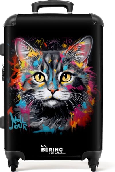 NoBoringSuitcases.com® - Koffer groot - Rolkoffer lichtgewicht - Kat met kleurrijke penseelstreken - Reiskoffer met 4 wielen - Grote trolley XL - 20 kg bagage