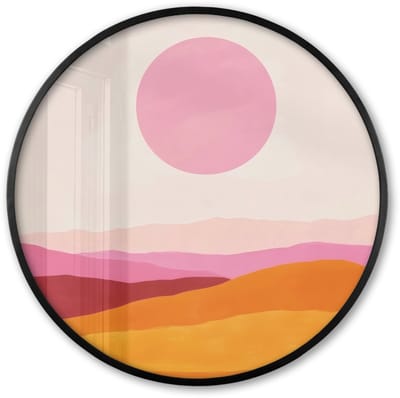 Poster in lijst Rond - Fotolijst 60x60 cm - Posters - Heuvels - Oranje - Zon - Abstract - Ronde posterlijst zwart - Decoratie - Wanddecoratie woonkamer - Muurdecoratie slaapkamer
