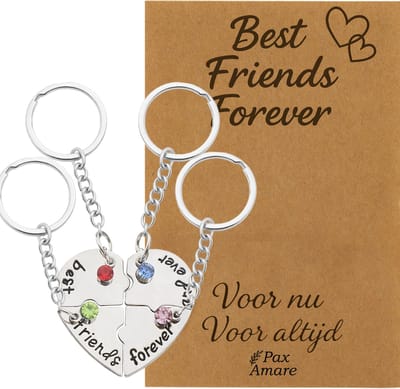 BFF Sleutelhanger voor 4 'Best Friends Forever' - Hartje Puzzelstukjes & Kristal - Sleutelhangers op Cadeau Kaartje - Zilverkleurig - Vriendschap Symbool - Pax Amare