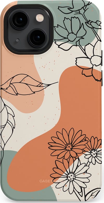 Casetastic hoesje geschikt voor Apple iPhone 13 mini - MagSafe - Dubbellaagse bescherming - Lijnenspel Botanisch - Fashion Case - Crème Saliegroen Perzik