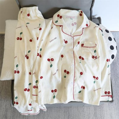 Kersenprint Tweedelig Pyjama Set Herfst Imitatie Katoen Pyjama's Mode Huiskleding Dames Broek en Top Set Pijamas M beige