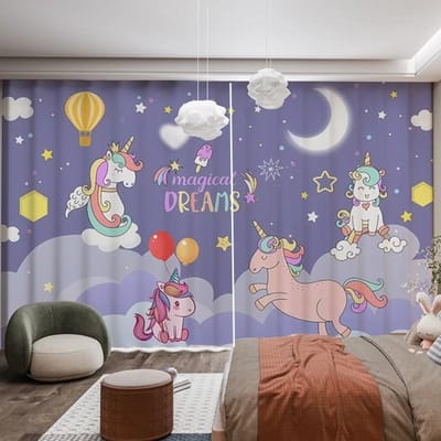 Panneaux de rideaux Rose Princesse pour chambre d'enfant, Panneaux de rideaux dessin animé Licorne Château Impression Arc-en-ciel pour filles Chambre d'enfant Rideaux cortina 2x70W185H(CM)&hook