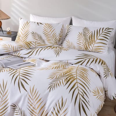 KZQ Tweepersoons Dekbedovertrek 220 x 240 cm - Wit Goud Palmbladeren Tropisch Motief - Microfiber Beddengoed Set met Rits - Botanisch Linnen voor Volwassenen - Inclusief 2 Kussenslopen 51x76 cm